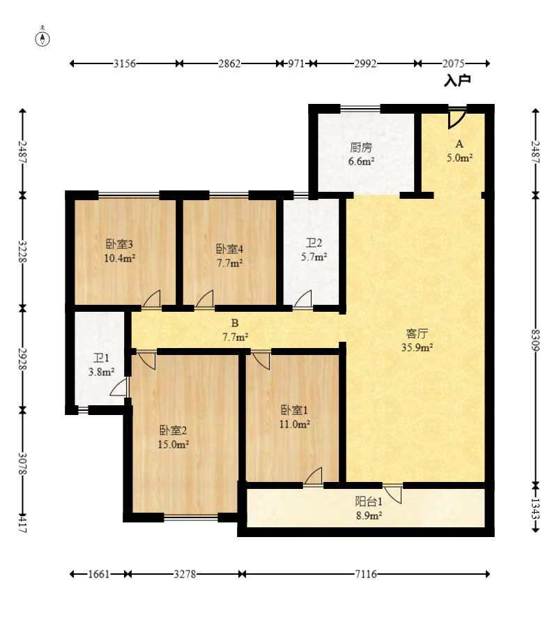 旭辉国悦府  4室2厅2卫   190.00万室内图1