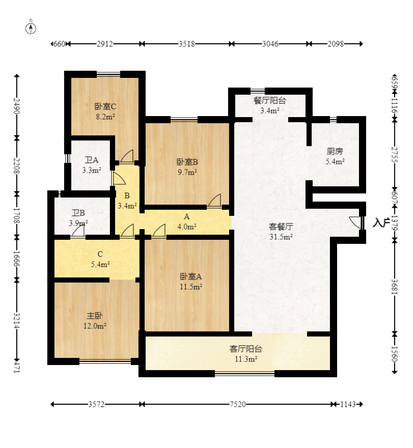 滨江府1913  4室2厅2卫   315.00万室内图1