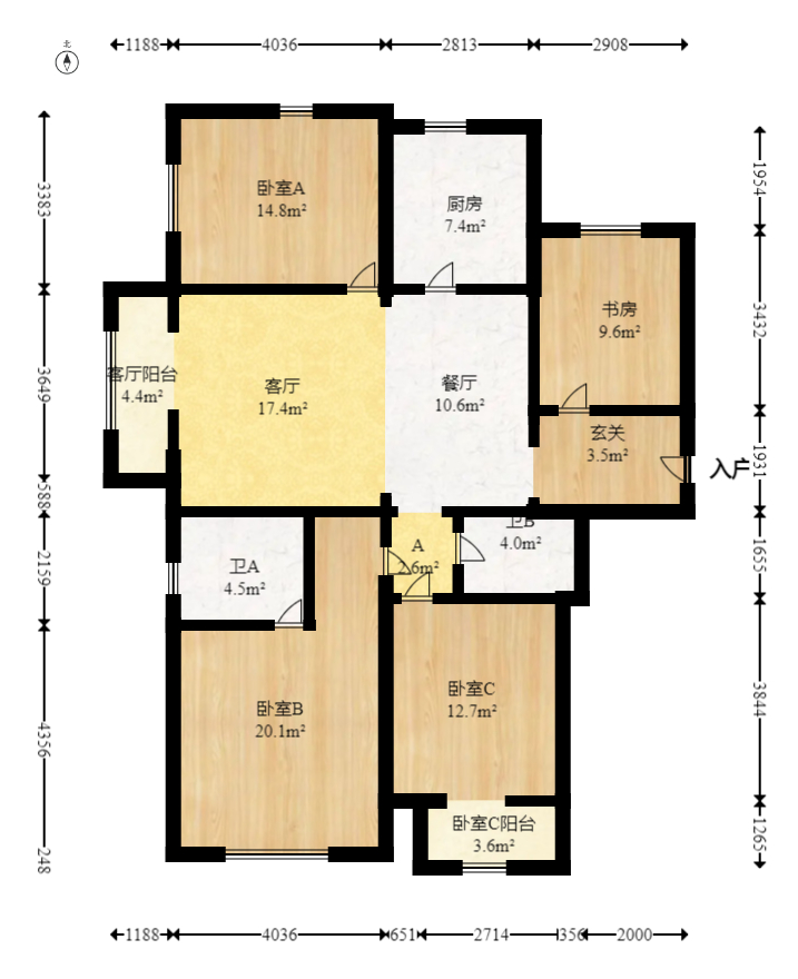 旭辉藏郡（藏郡、旭湘华府)  3室2厅2卫   386.40万室内图1