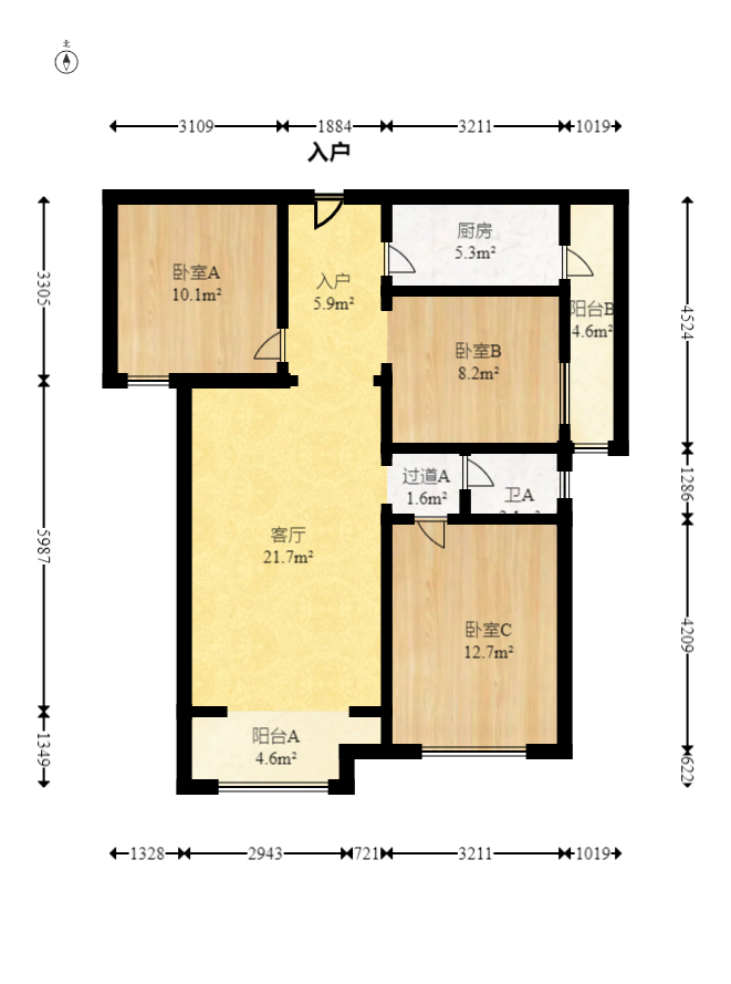卓越蔚蓝城邦  3室2厅1卫   72.00万室内图1