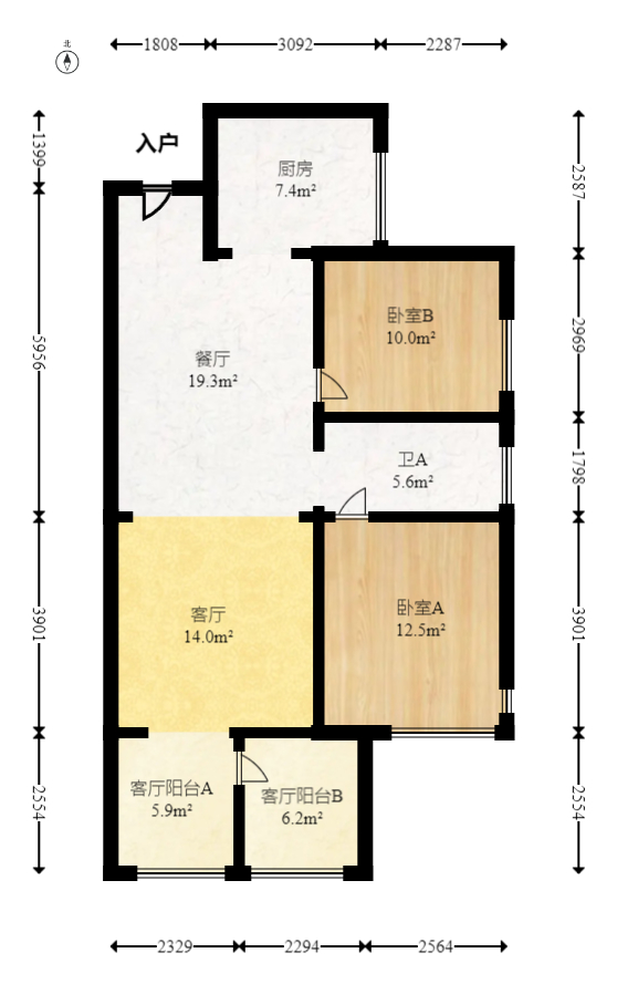 钰龙天下二期（钰龙佳园）  2室2厅1卫   190.00万室内图1