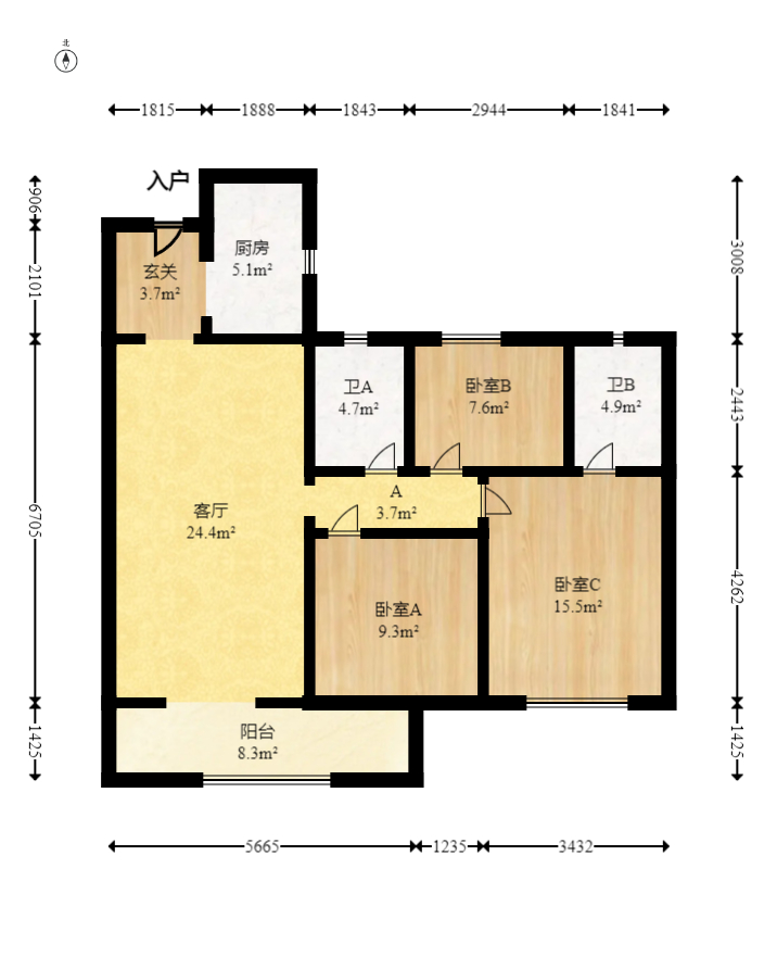 东原麓印长江A区  3室2厅2卫   128.00万室内图1