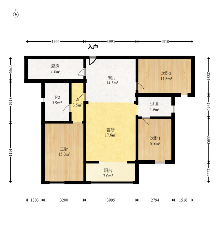 北辰三角洲C3区  3室2厅2卫   190.00万室内图1
