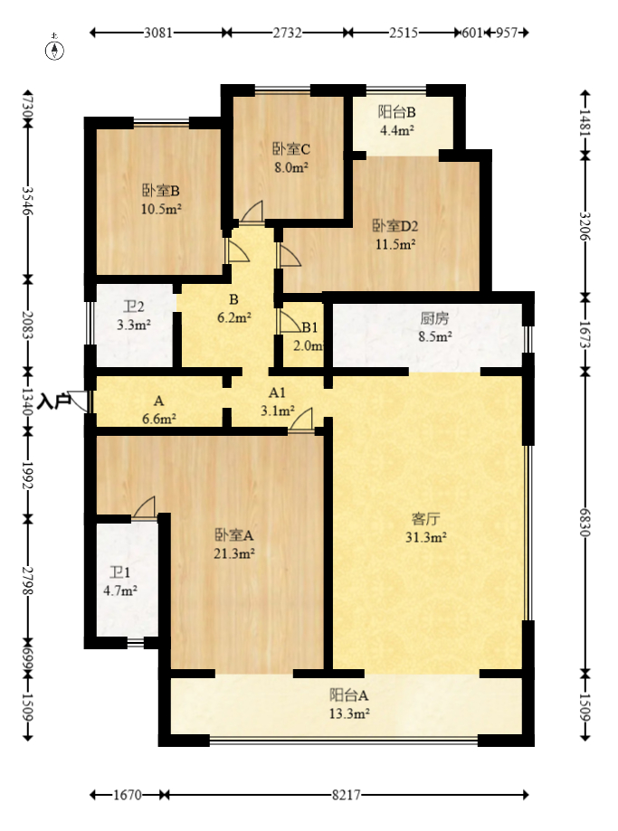 轨道万科悦府  4室2厅2卫   236.00万室内图1