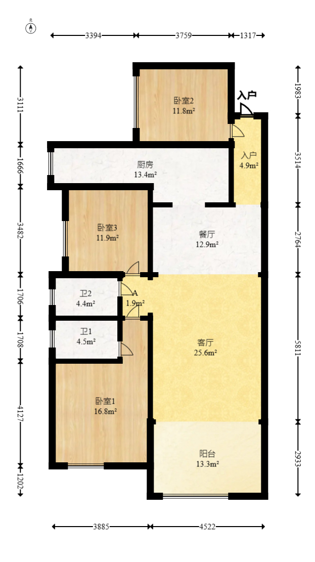 润和美郡（润和紫郡五期）  3室1厅2卫   92.00万室内图1