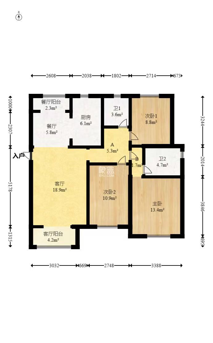 华润置地广场二期  3室2厅2卫   2200.00元/月室内图1