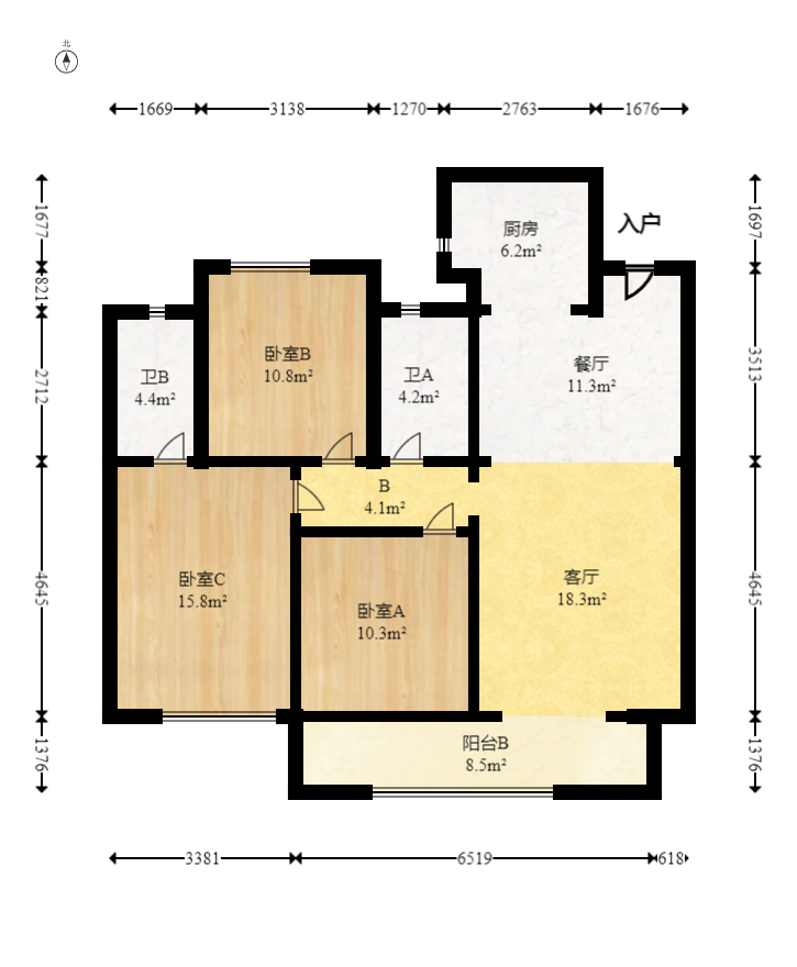 远洋红星天铂  3室2厅2卫   108.00万室内图1
