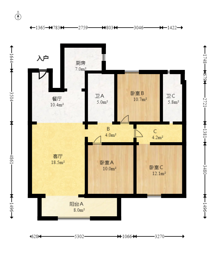 远洋红星天铂一期 3室2厅2卫 118.0万 远洋红星天铂一期 3室2厅2卫 118.0万户型图