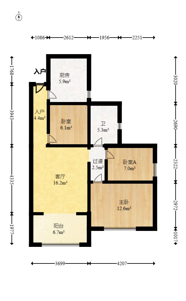 蝴蝶谷  3室2厅1卫    49.99万室内图1