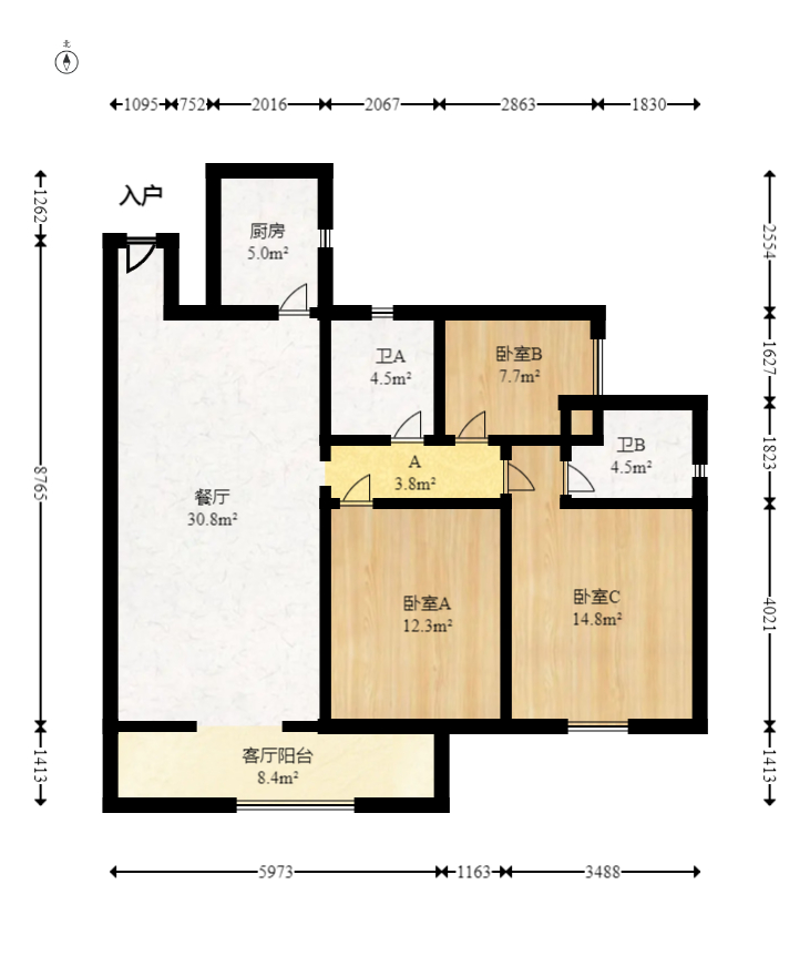 卓越中寰  3室2厅2卫   215.00万室内图1