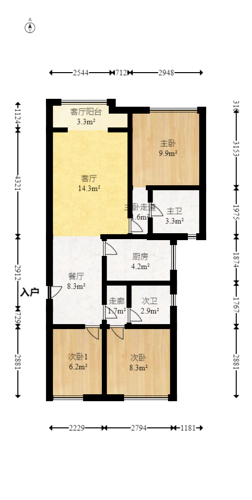 环球100宝龙城  3室2厅2卫   110.00万室内图1