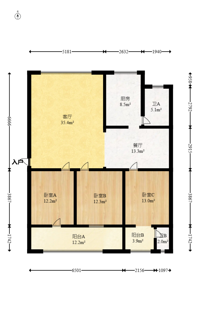 油化宿舍  3室2厅2卫   76.00万室内图1