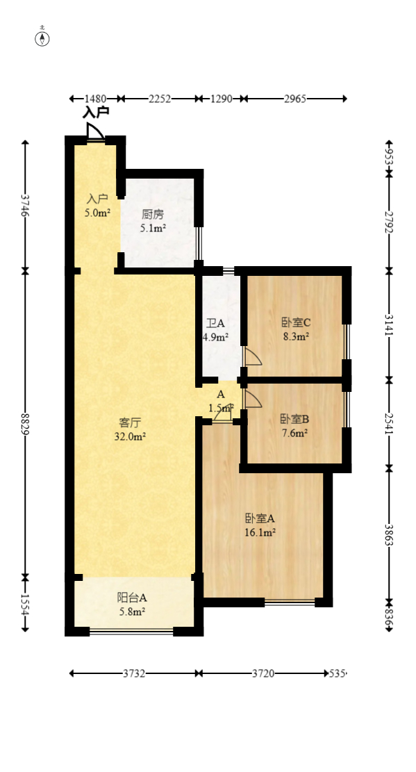 南城印象  3室2厅1卫   90.00万室内图1