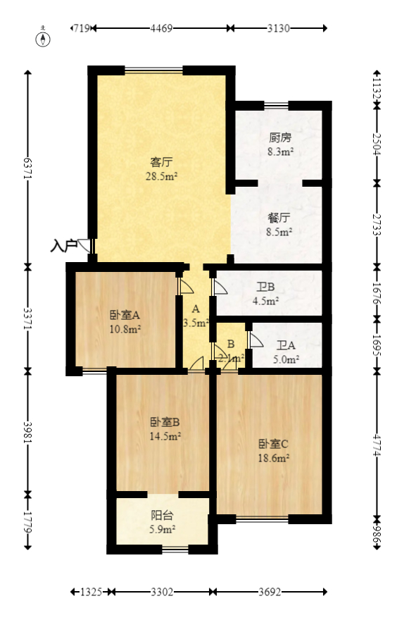 韵景商居  3室2厅2卫   85.00万室内图1