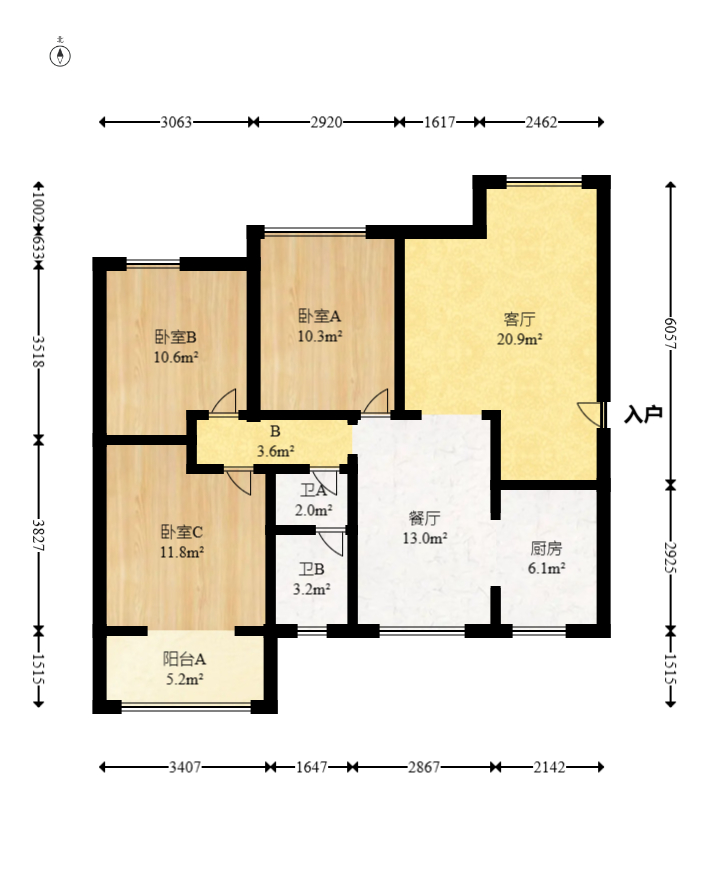 湘府十城（汇财御景湾新寓,汇财国际）  3室1厅1卫   118.00万室内图1