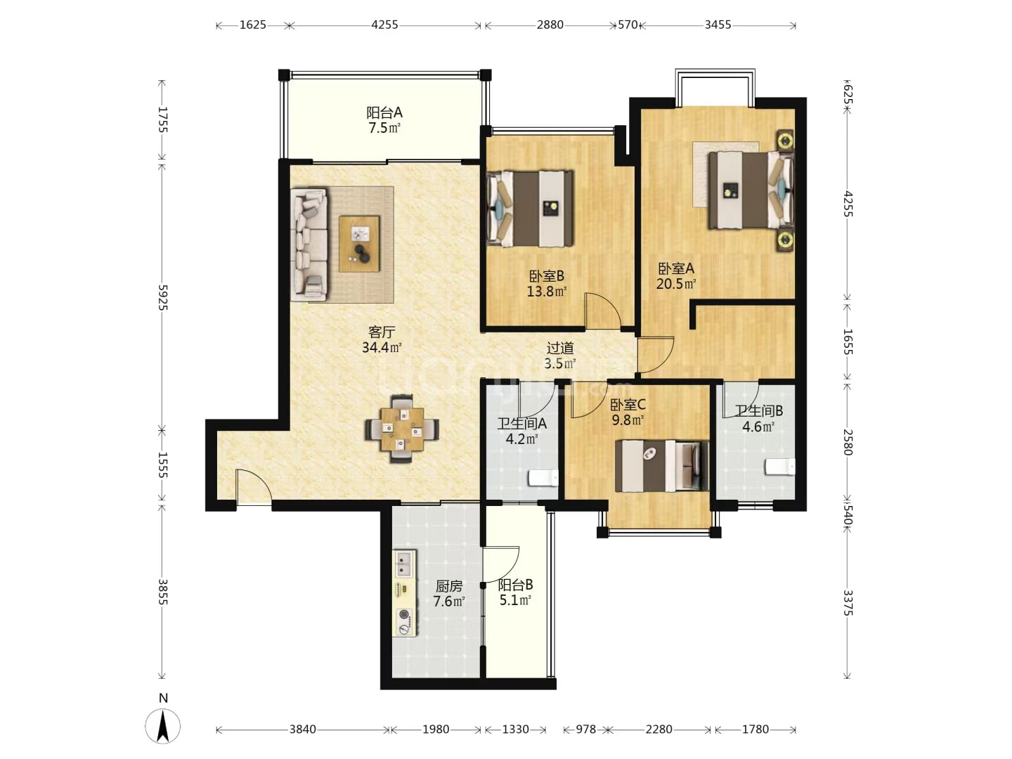 恒大名都  3室2厅2卫    1500.0元/月 恒大名都  3室2厅2卫    1500.0元/月户型图