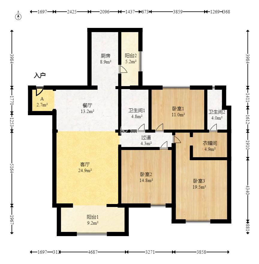 恒大名都 3室2厅1卫 2000.0元/月 恒大名都 3室2厅1卫 2000.0元/月户型图