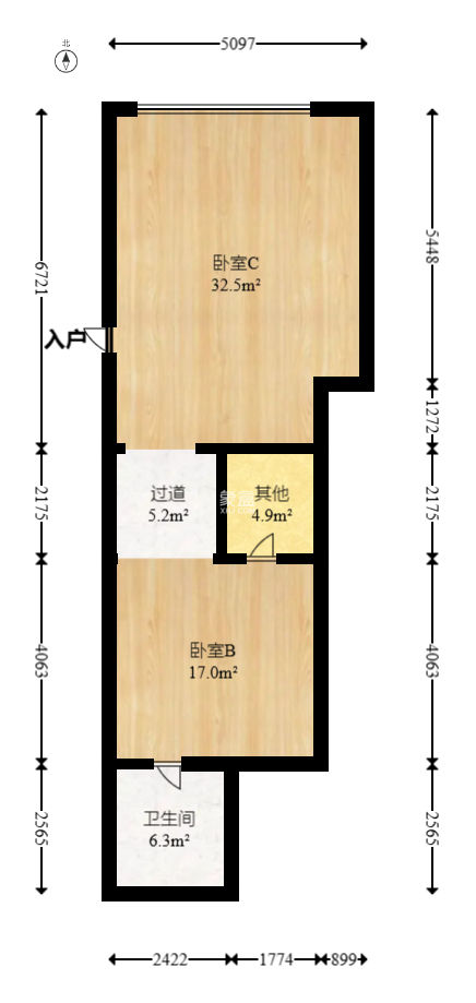 大财门公寓  1室1厅1卫   85.00万
