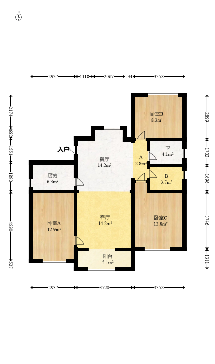 绿地新都会  3室2厅1卫   90.00万室内图1