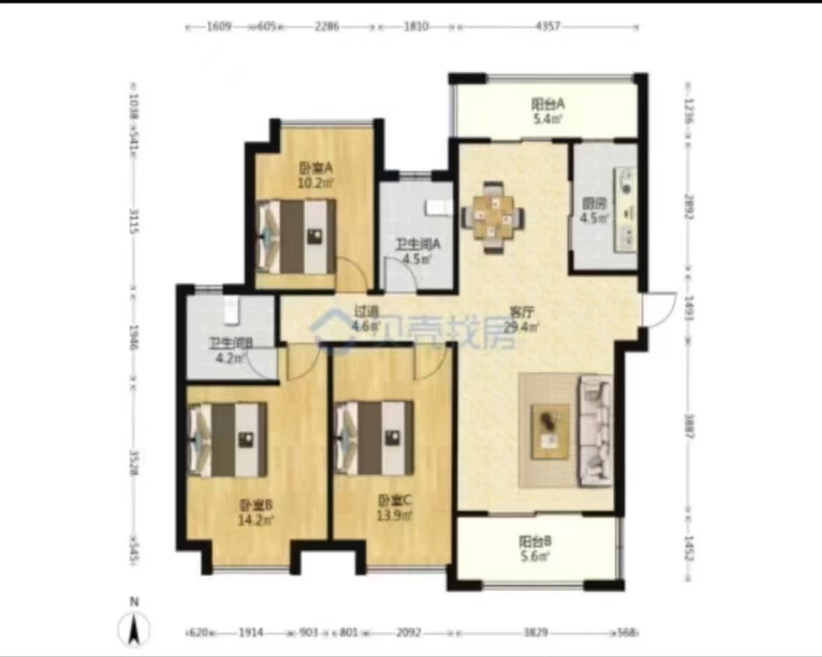 佳兆业城市广场 3室2厅2卫 2600.0元/月 佳兆业城市广场 3室2厅2卫 2600.0元/月户型图