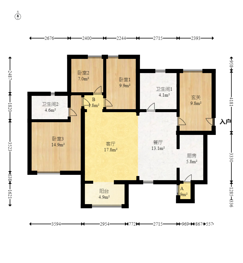 时代倾城二期  3室2厅2卫   108.00万室内图1