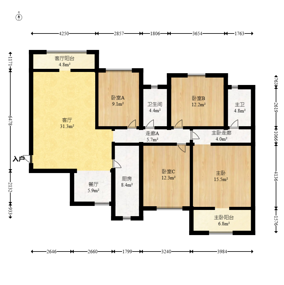 北辰中央公园A区  4室2厅2卫   132.00万室内图1