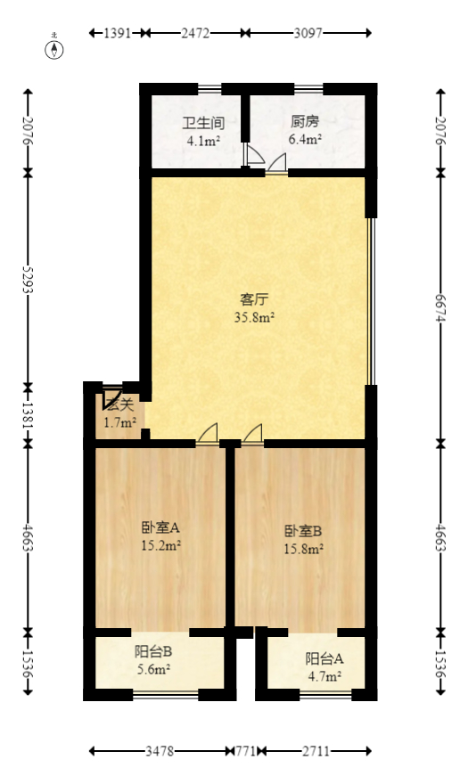 燕兴公司宿舍（裕农街）  2室1厅1卫   80.00万室内图1