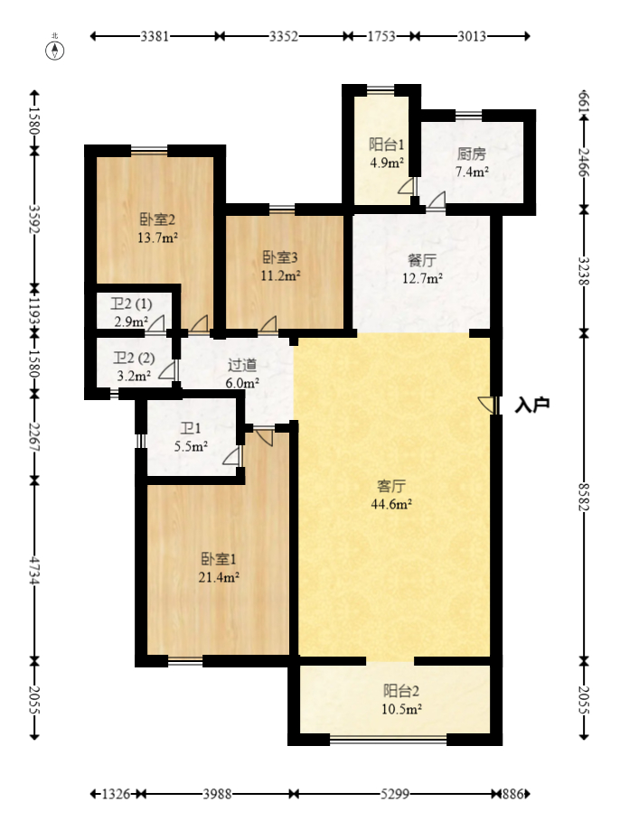 鸿铭中心  3室2厅2卫   178.00万室内图1