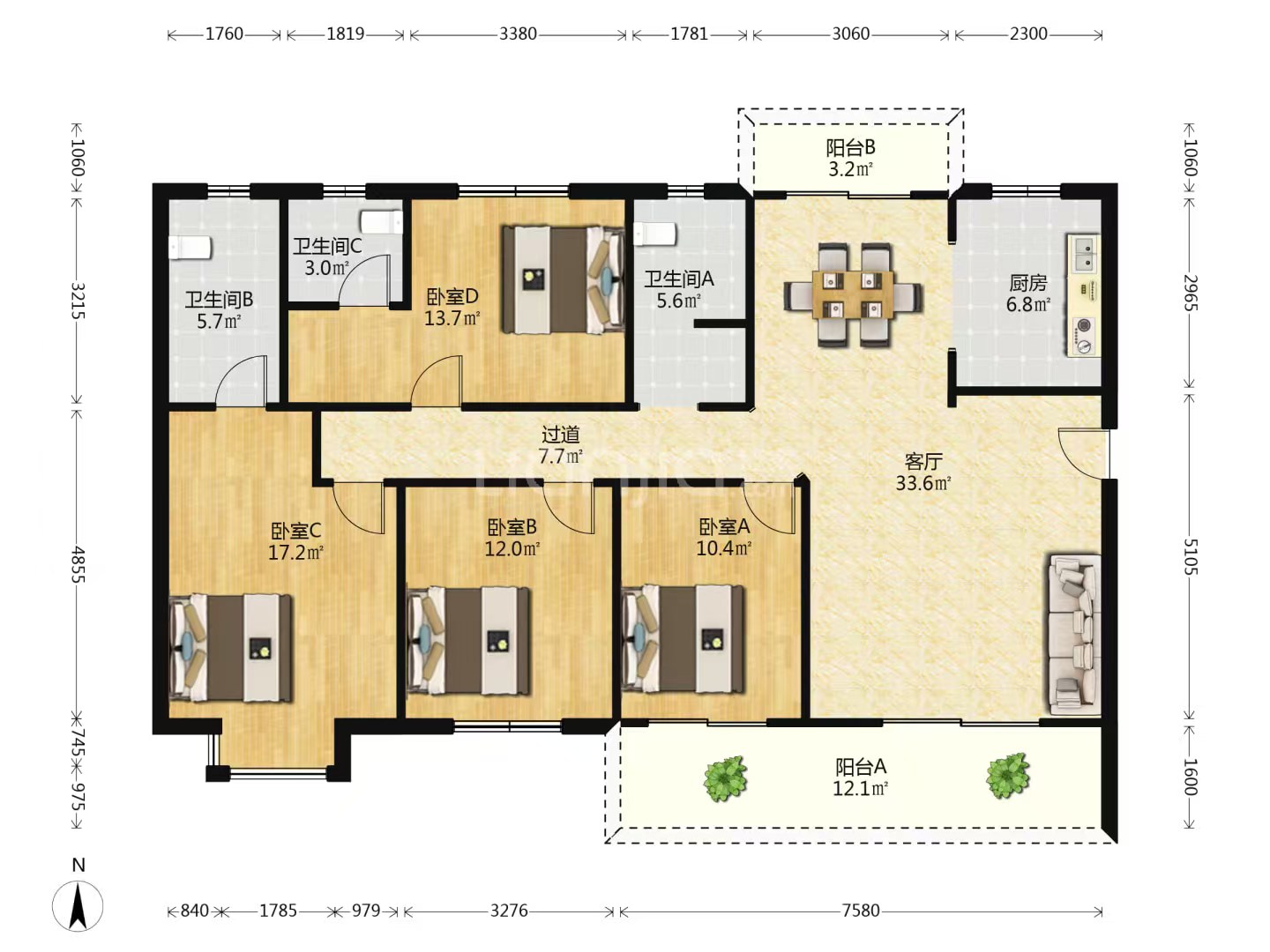 中建江湾壹号 3室2厅2卫 800.0元/月 中建江湾壹号 3室2厅2卫 800.0元/月户型图