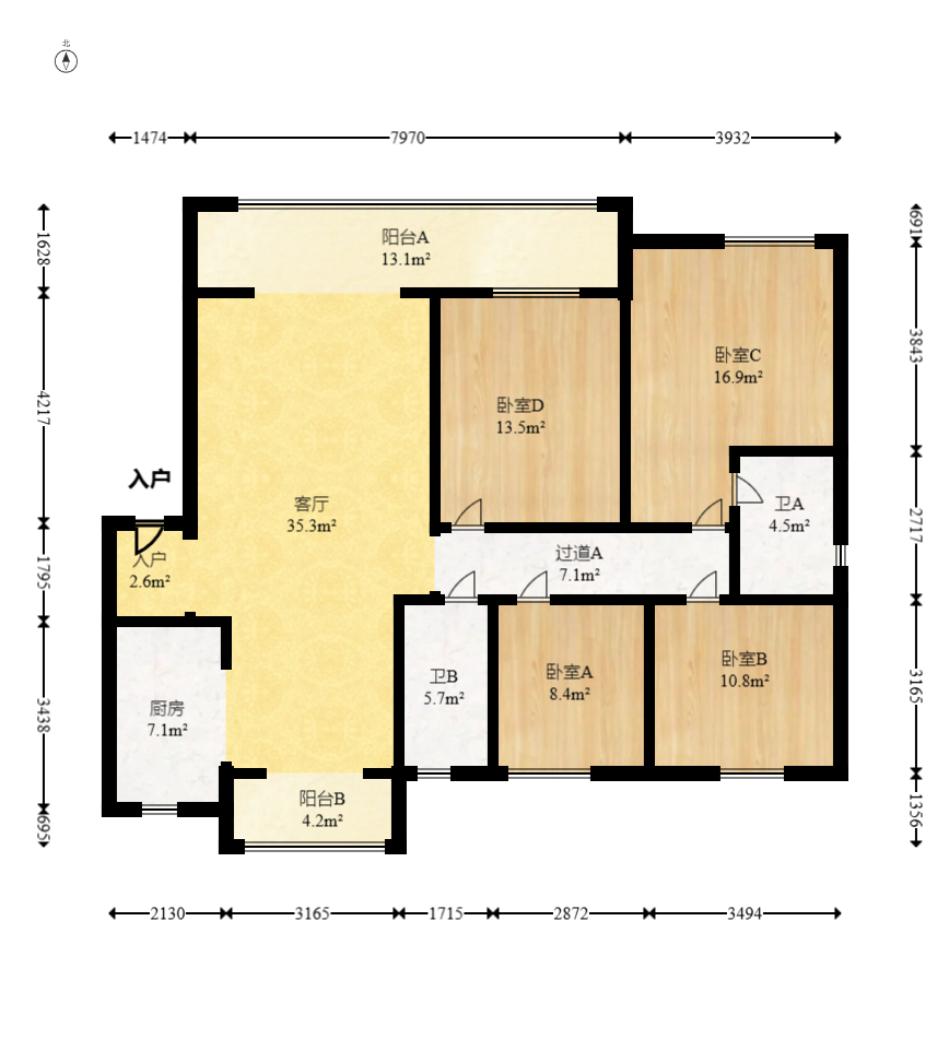 长房岭秀时代  4室2厅2卫   155.00万室内图1