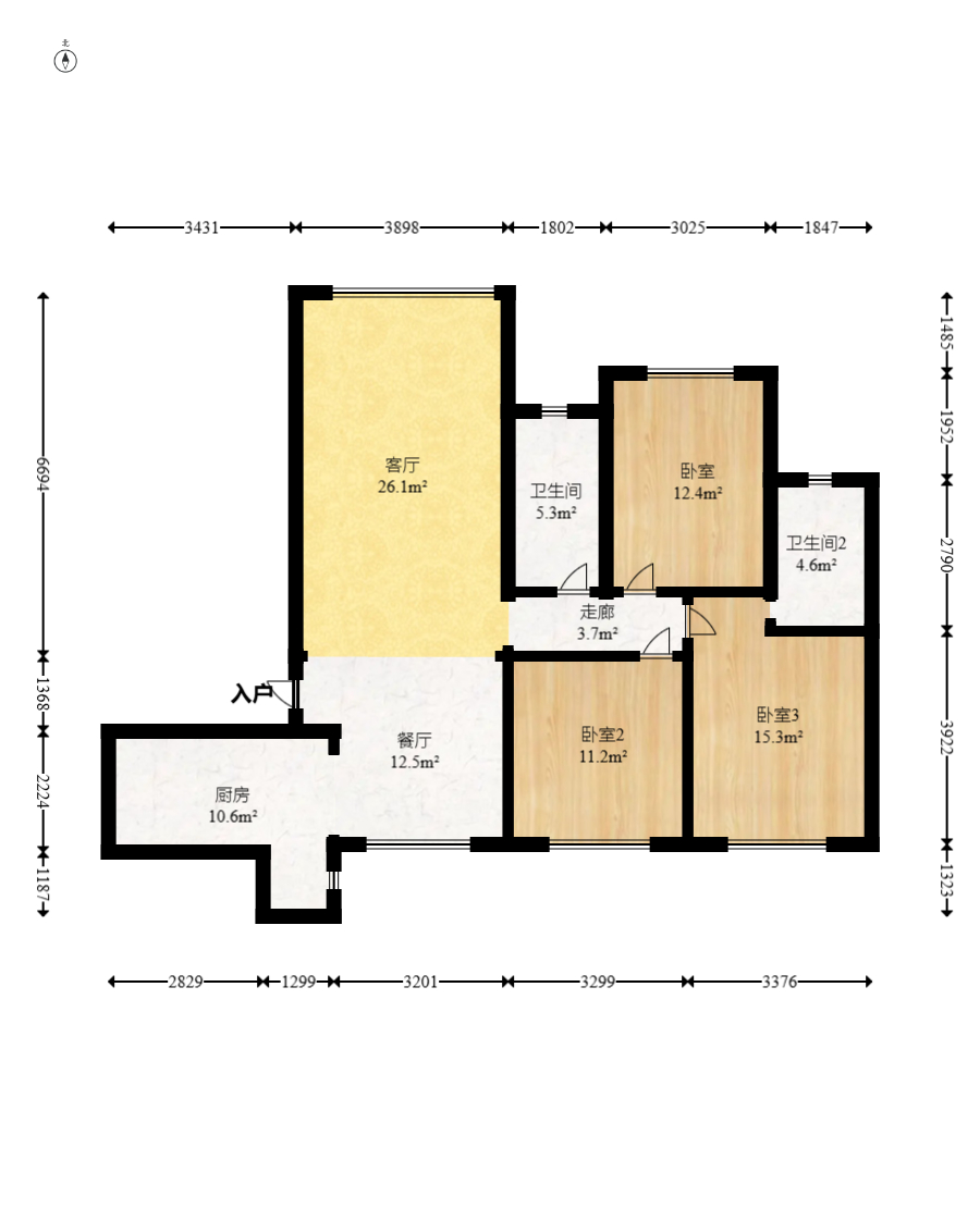 紫华郡  3室2厅2卫   72.80万室内图1