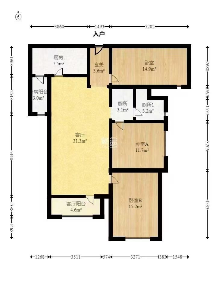 白鹤家园  1室1厅1卫   1200.00元/月户型图