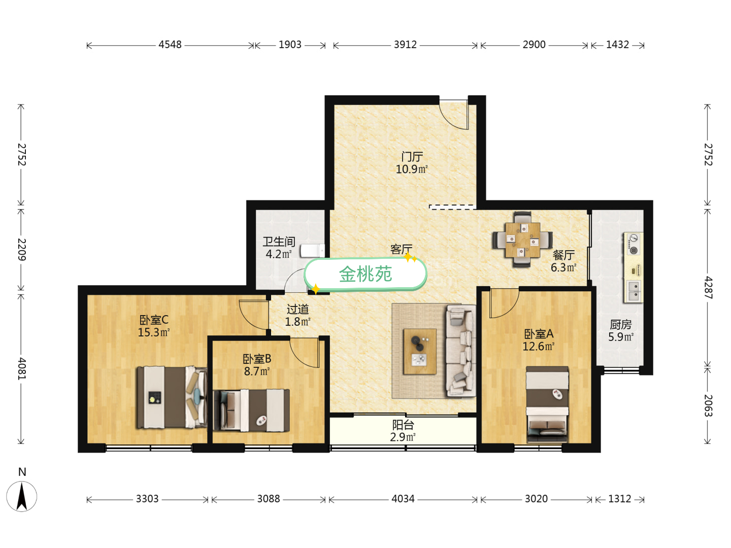 金桃苑  3室2厅1卫   2500.00元/月户型图