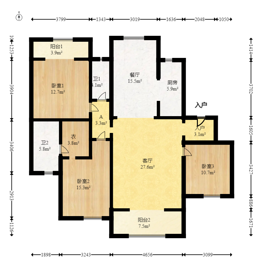 明昇壹城（明昇时代广场）一期  3室2厅2卫   349.00万室内图1