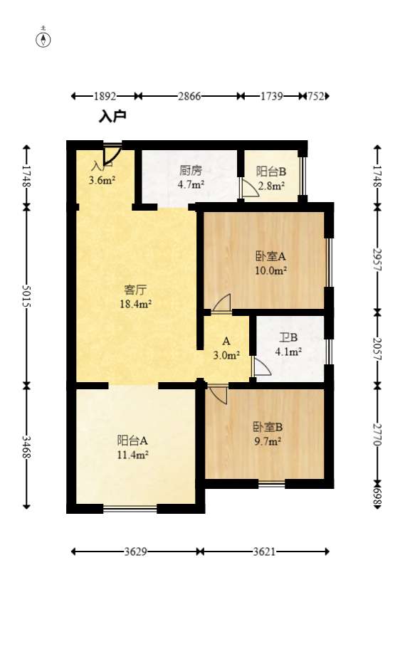 五矿万境水岸二期（五矿万境水岸和苑）  2室2厅1卫   102.00万室内图1