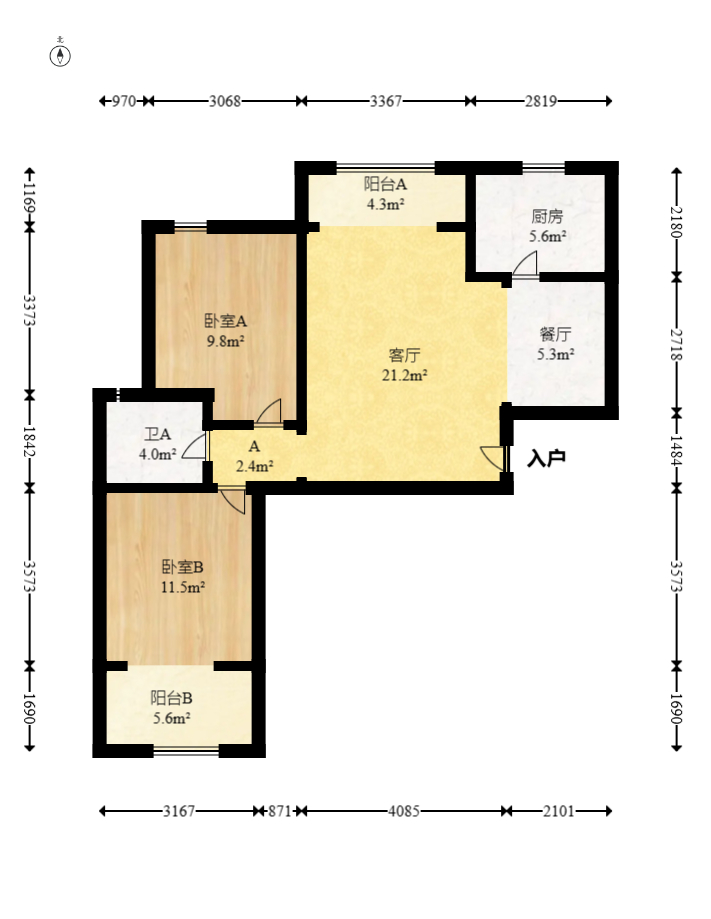 五矿万境水岸一期（万境水岸嘉苑）  2室2厅1卫   118.00万室内图1