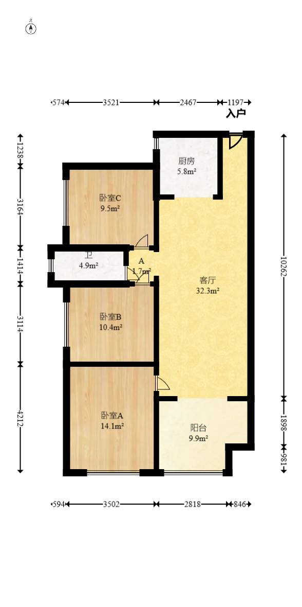 达美D6区  3室2厅1卫   95.00万室内图1