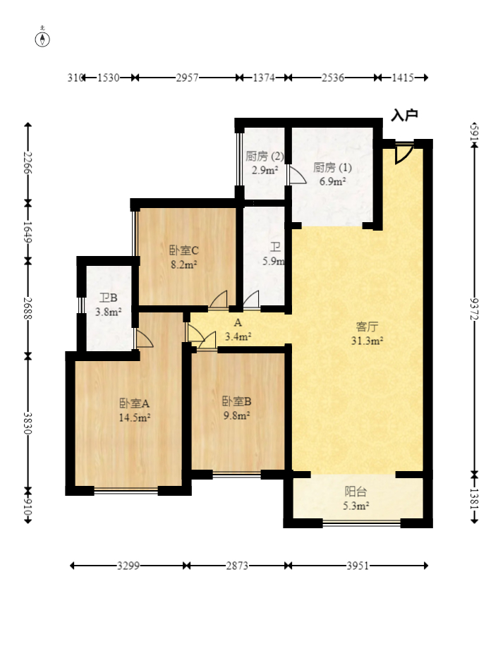 振业城四期  3室2厅2卫   163.00万室内图1