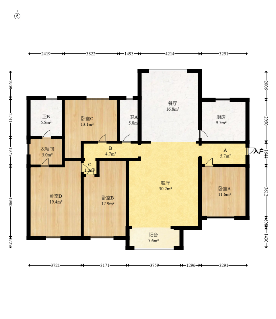 才子佳苑一期/二期  4室2厅2卫   155.00万室内图1