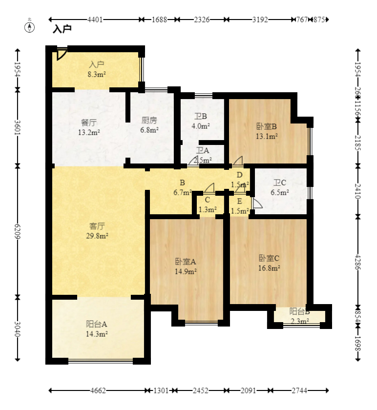 华盛世纪新城  3室2厅2卫   120.00万室内图1