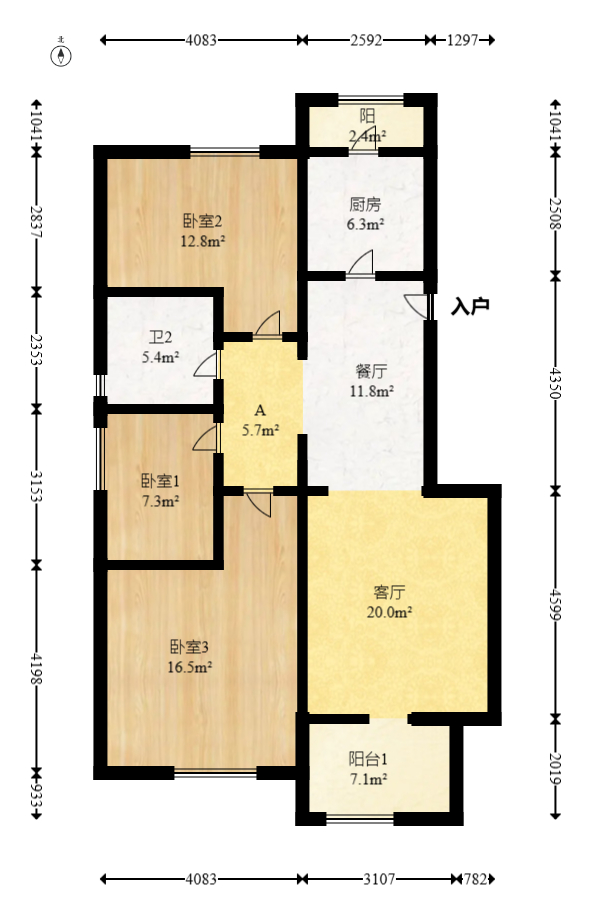 茂华禧都会  3室2厅2卫   120.00万室内图1