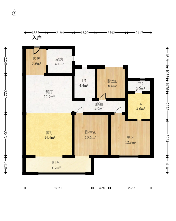 汉高学士府  3室2厅2卫   109.00万室内图1