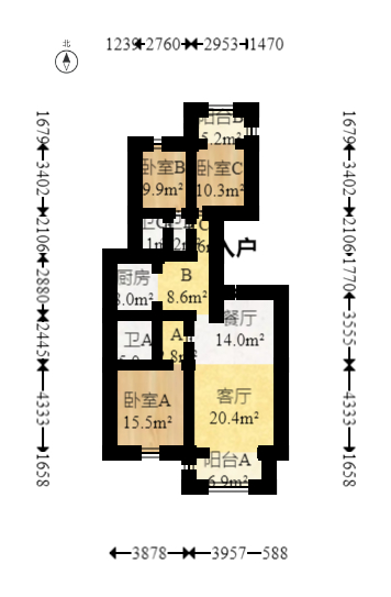 山水霖城（植物原著）  3室2厅2卫   150.00万室内图1