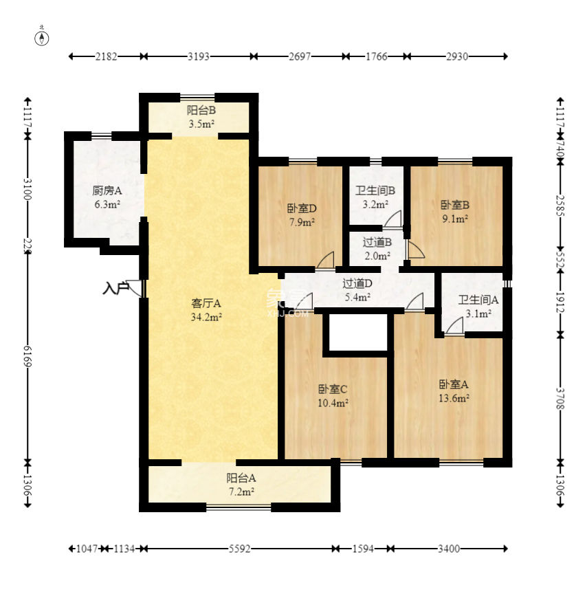 世茂璀璨天城 4室2厅1卫 1400.0元/月 世茂璀璨天城 4室2厅1卫 1400.0元/月室内图