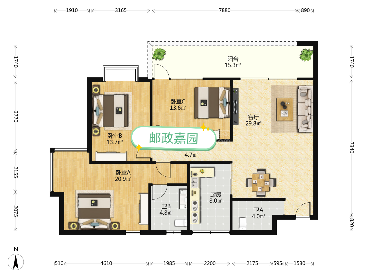 邮政嘉园  3室2厅2卫   158.00万户型图