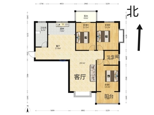 上都名苑  3室2厅2卫   3000.00元/月户型图