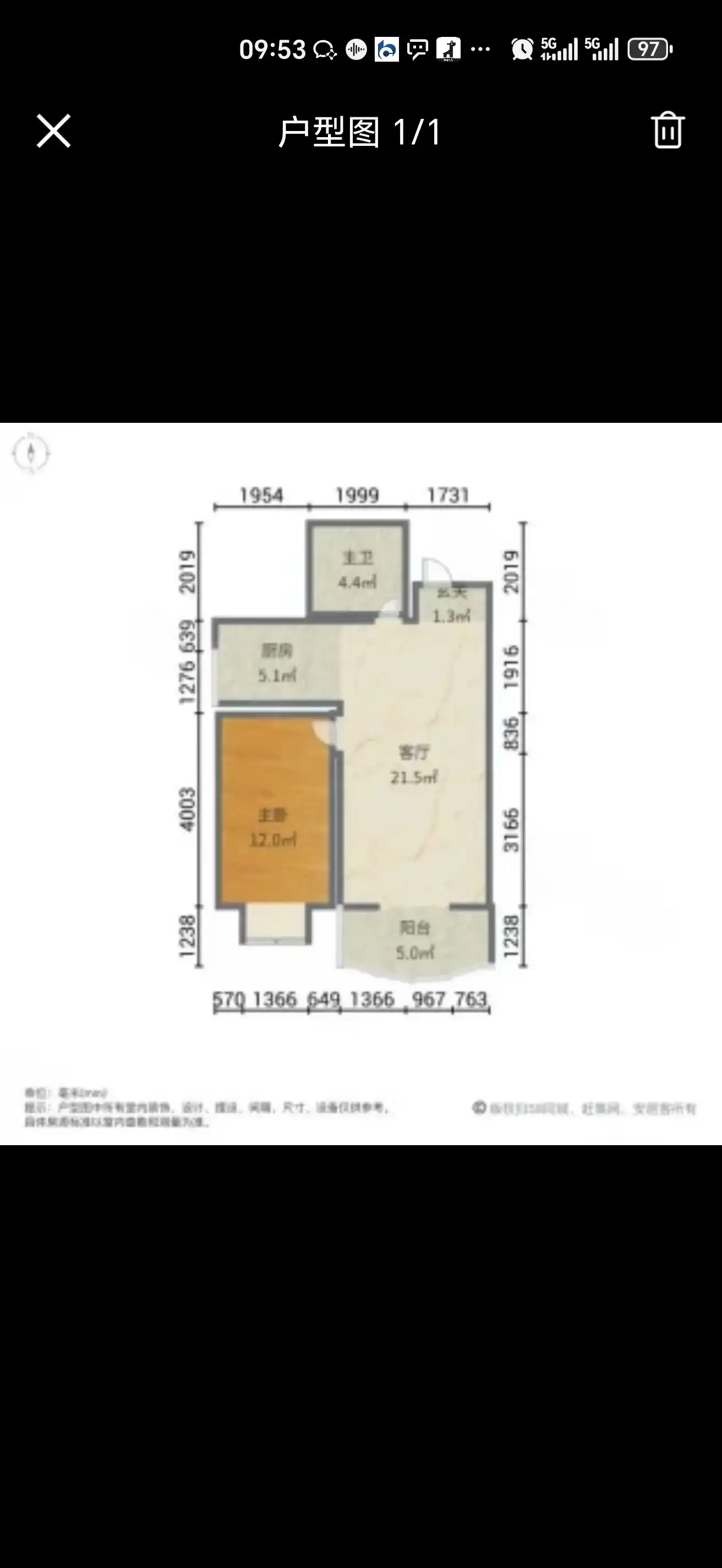 万聚凯旋城  1室1厅1卫   1100.00元/月户型图