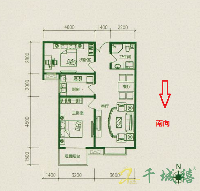 赵都新城利和园  2室2厅1卫   1500.00元/月户型图