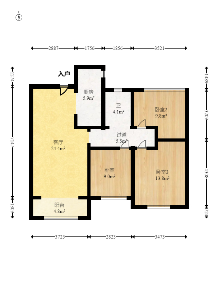 奥克斯缔壹城  3室2厅1卫   107.00万室内图1