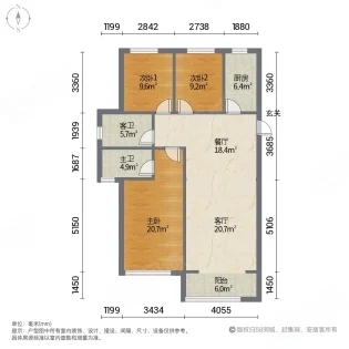 美的盛世天城（二手房）  3室2厅2卫   135.00万户型图